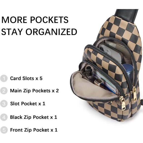 Women Checkered Coffee Imported Leather Small Crossbody Chest Sling Travel Bag - Picture 4 of 8